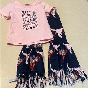 Pink Graphic Tee and Floral Fringe Pants Set